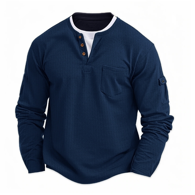 Mens Button Henley neck Shirt Long Sleeve Casual Solid color TShirt Fashion Waffle Cotton twopiece y250707