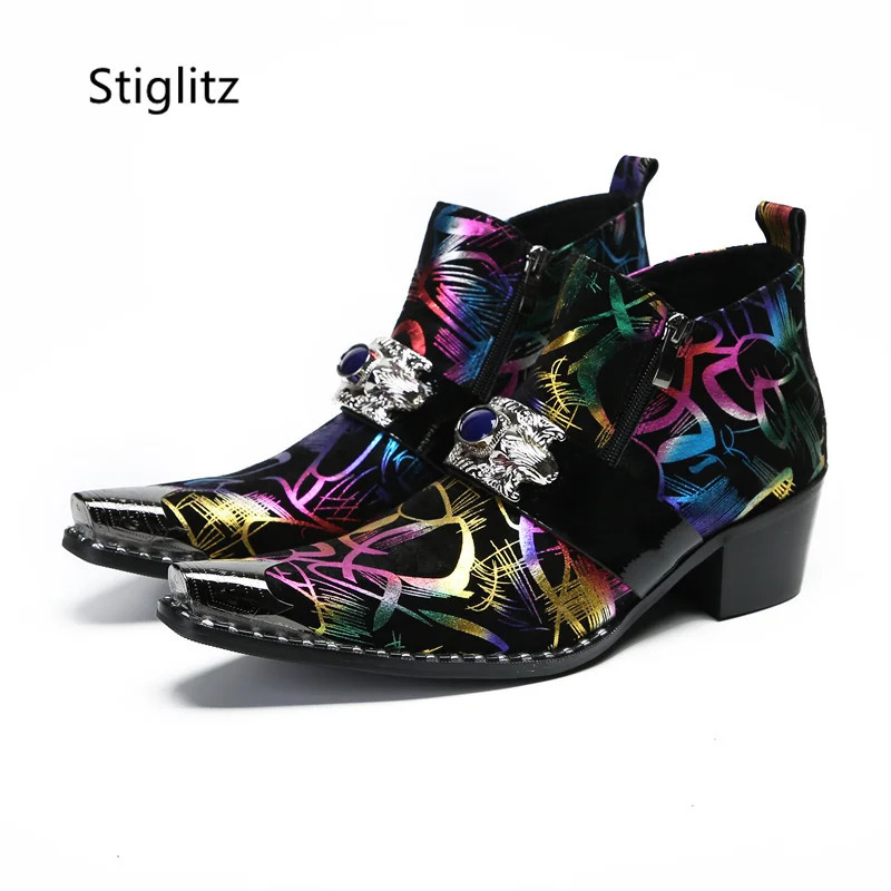 Graffiti Ankle Boots for Men Pearl Metal Decor High Heels Leather Western Mens Boots Zip Street Style Man Shoes High Quality 250715