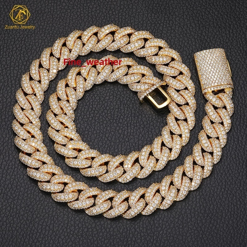Fine Jewelry Iced Out Mens Necklace 15mm 18inches 3 Rows Moissanite Hip Hop Jewelry 925 Silver Yellow Gold Plated Cuban Chain