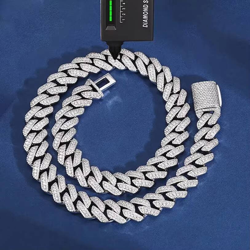 14K White Gold 925 Sterling Silver Customized Cuban Link Necklace Iced VVS Moissanite Diamond Pass Diamond Tester Chains-Gift