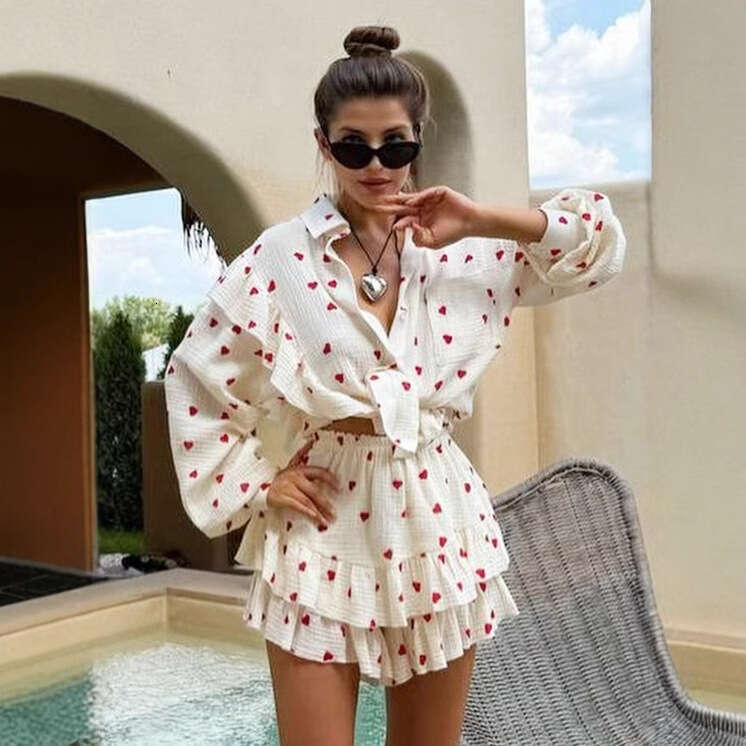 Cotton Printed Spring Summer Ruffled Long Sleeve Shirt + Shorts Casual Set B5