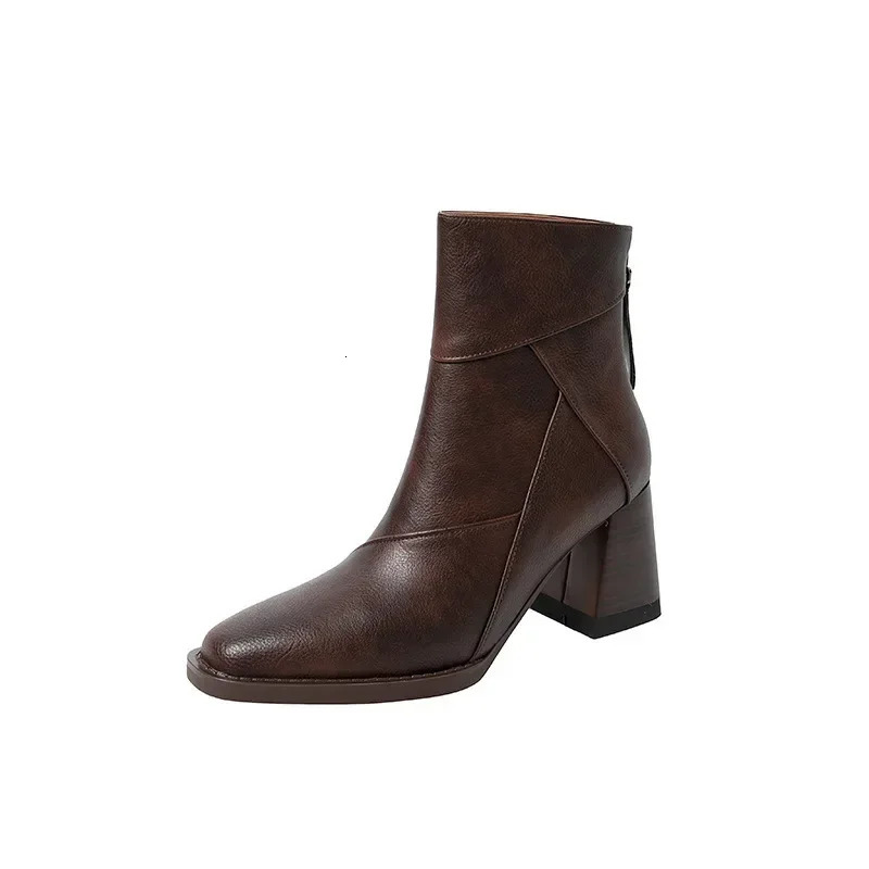 Woman Chunky Ankle Boots Women Zipper Retro Brown Soft Leather Short Boot Autumn Square Toe Casual High Heel Booties Mujer 250716
