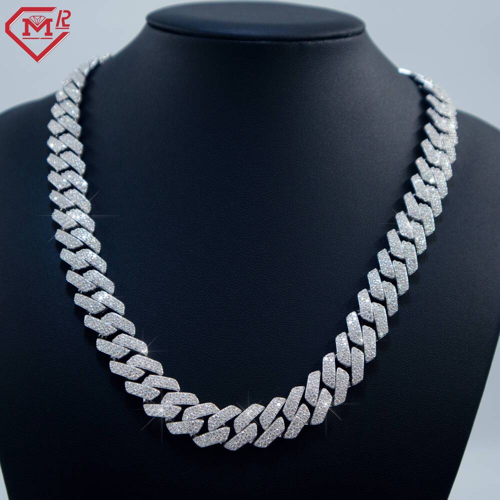 Hot Selling Moissanite Chain Hiphop 2 Row 14mm Iced Out Stunning Silver Moissanite Cuban Link Chain