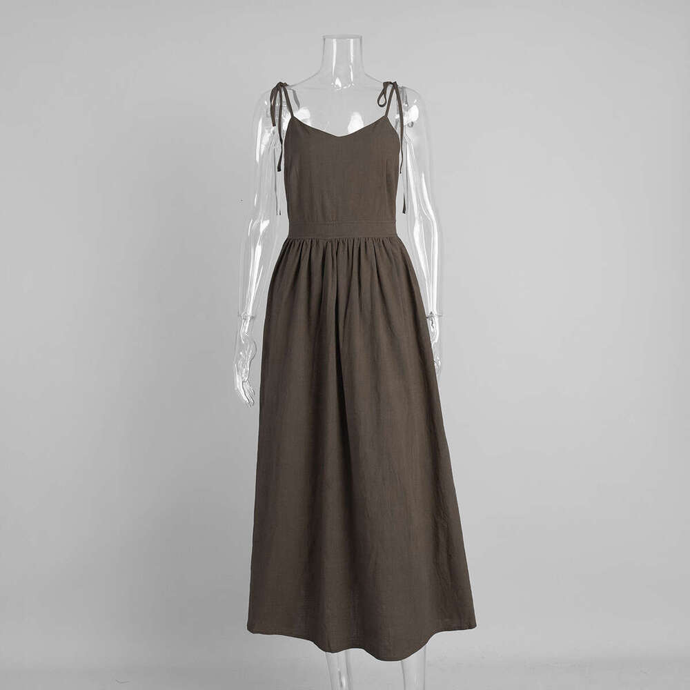 Pure Cotton V-Neck Strap For Women Spring New Elegant Sexy Tie Backless Dress B5