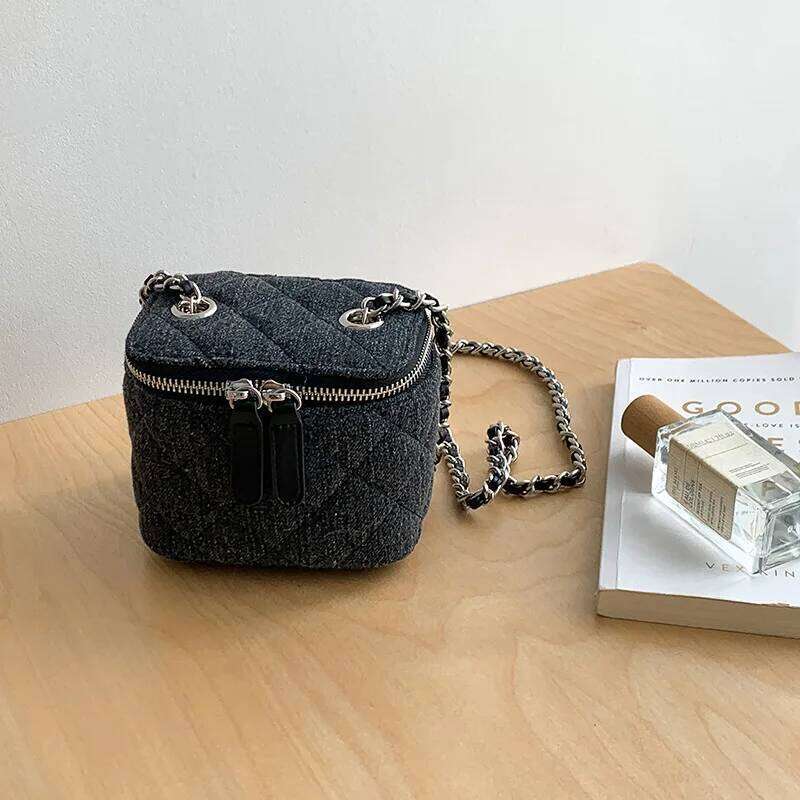 Small Quilted Box Crossbody Purse For Women Designer Demim Mini Top Handle Pouch Bag With Metal Chain Strap