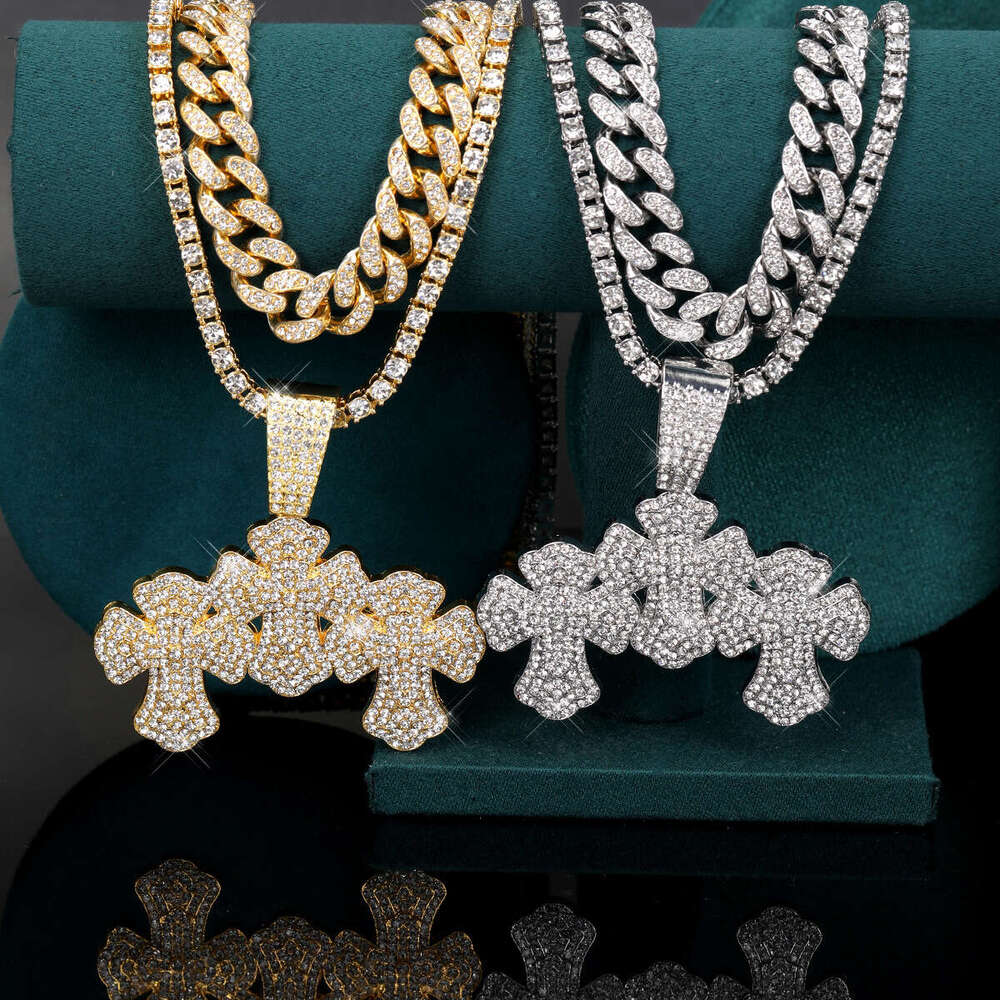 Fashion Jewelry Inlaid Dia Spliced Cross Single Pendant Punk Hip Hop Men's Necklace Straight Hair