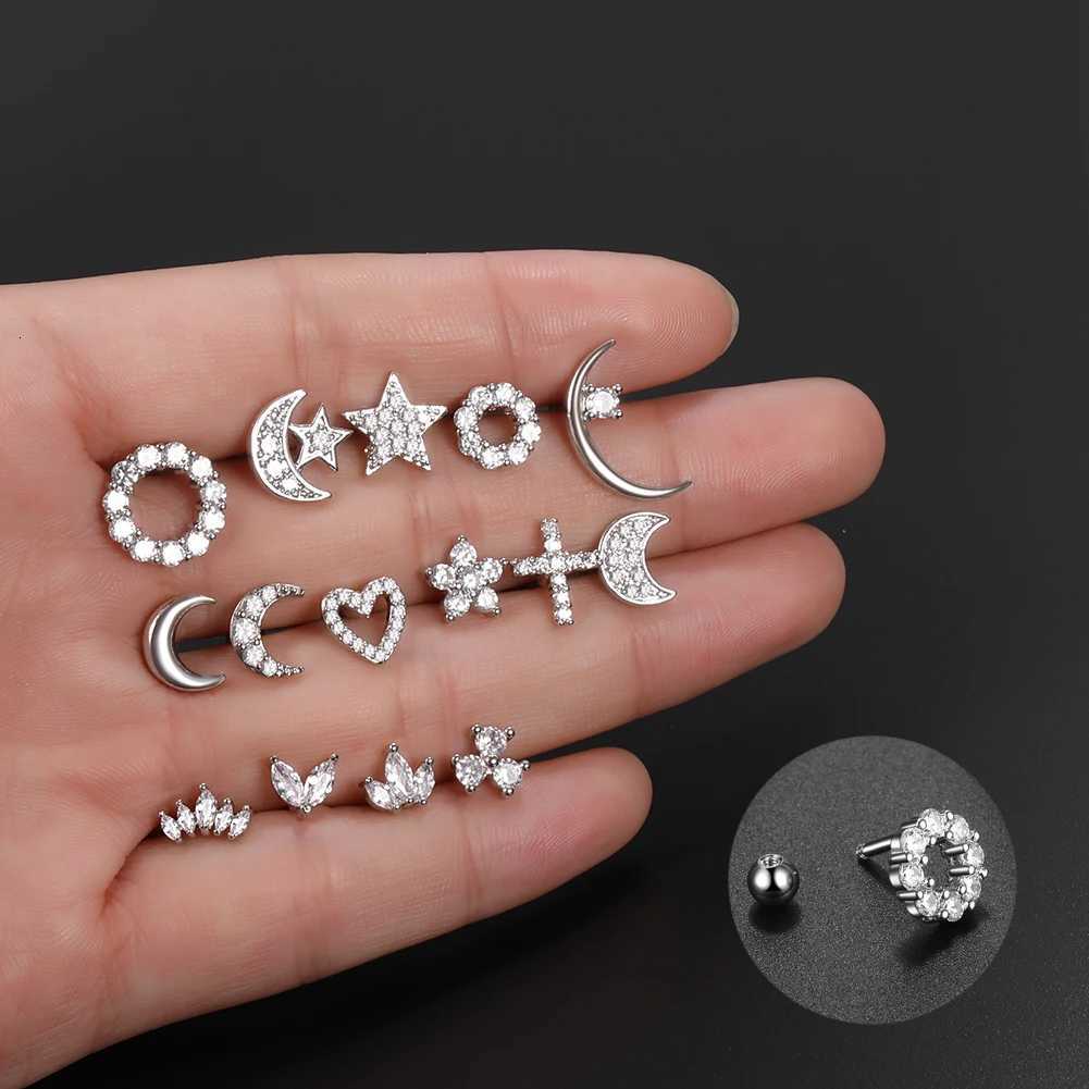 1PC 16G CZ Gem Cartilage Stud Moon Star Heart Cross Flower Crown Helix Tragus Piercings Conch Rook Stud Earring Piercing Jewelry y250715