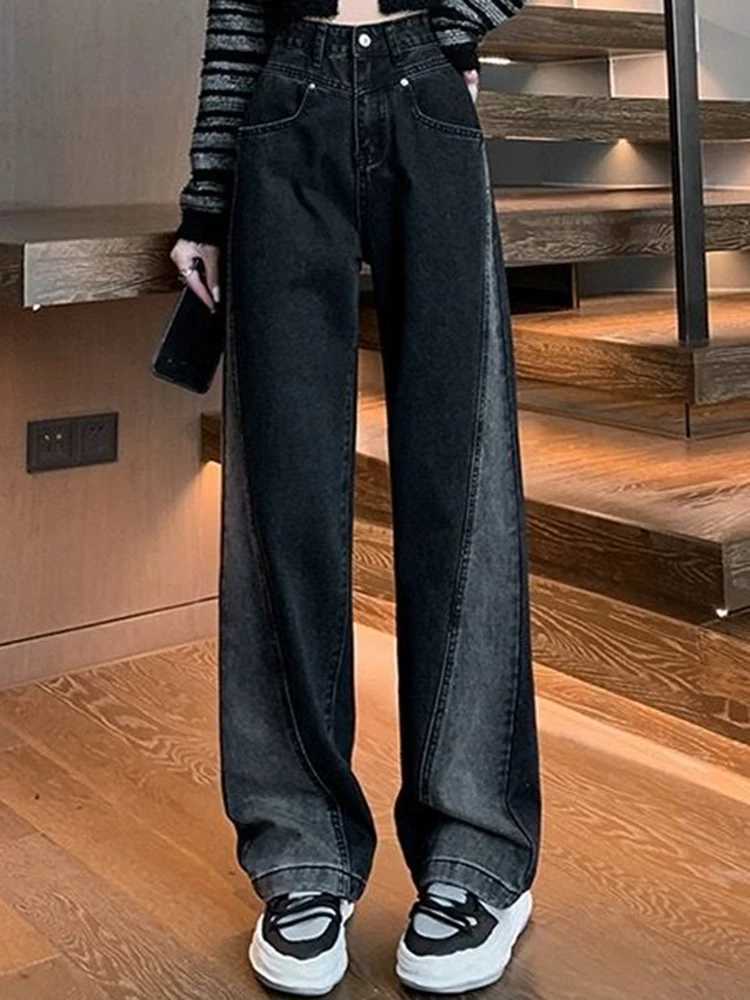 Woman High Waist Jeans Lady American High Street Patchwork Straight Leg Pants Girls Black Gray Contrast Color Wide Leg Trousers R250716