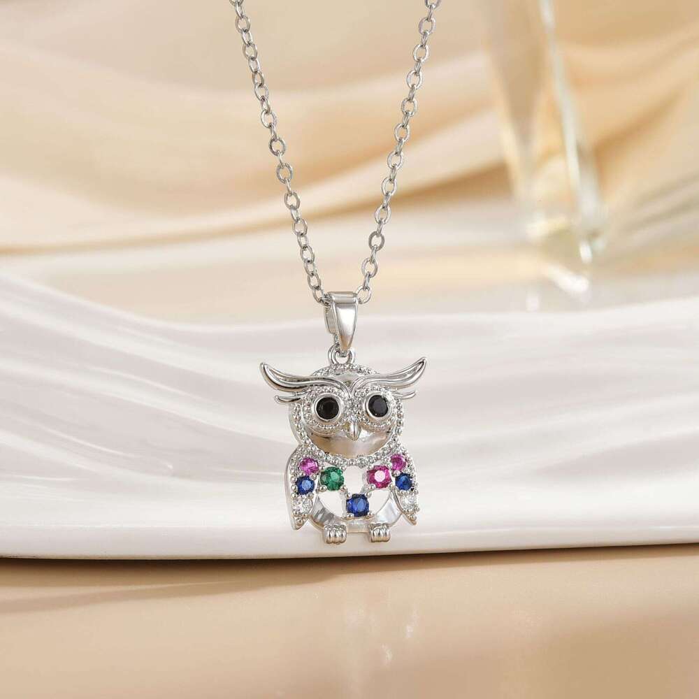 Colorful Zircon Owl Light Necklace For Women Clavicle Chain Jewelry Titanium Steel Accessories 1E1