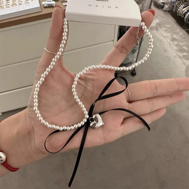 Korean Romantic Pearl Beaded Choker Heart-Shaped Pendant Necklace Banquet Wedding Jewelry 250715