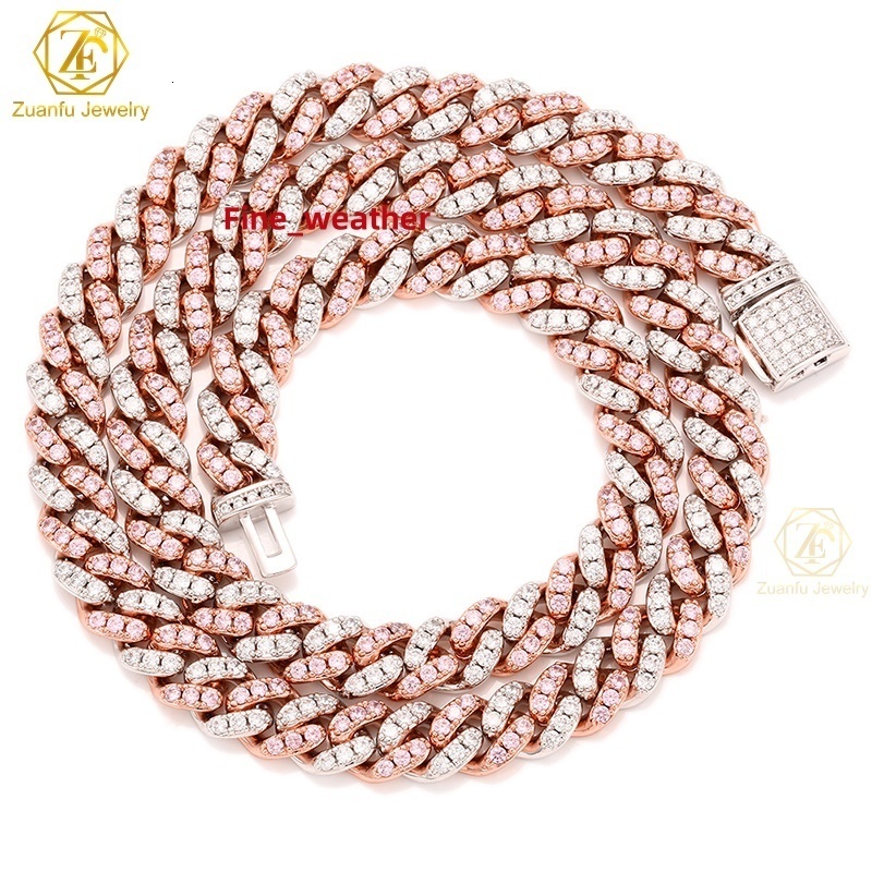Wholesale Jewelry 8MM Gold Silver Rainbow Pink Blue VVS Moissanite Diamond Cuban Chain Miami Cuban Chain
