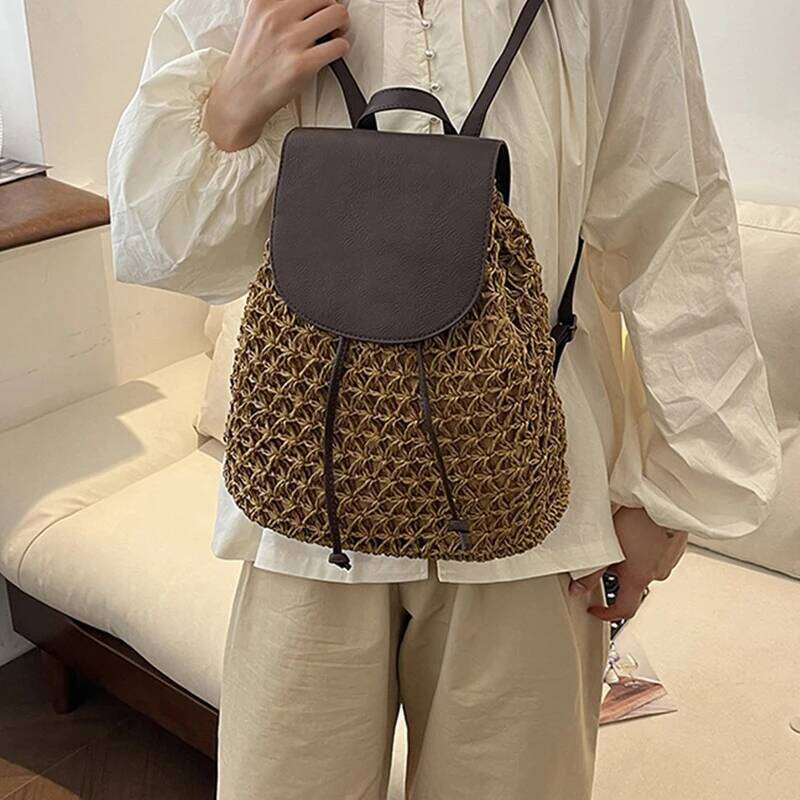 Vintage Women's Fashion Shoulder Bag Versatile Straw Woven PU Leather Elegant Designer Backpack