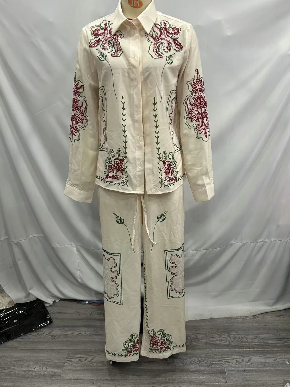 Casual Embroidered Pant Suits Women Loose Flip Collar Single Breasted Top Elastic Waist Straight Trouser 2025 Summer Lady Sets 250715