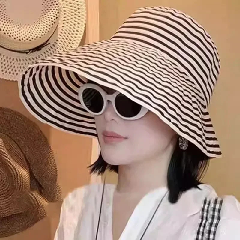 Japanese Style Foldable Summer Striped Wide Brim Sun Hat for Women - Stylish UV Protection Oversized Bucket Hat with Long Brim 250716