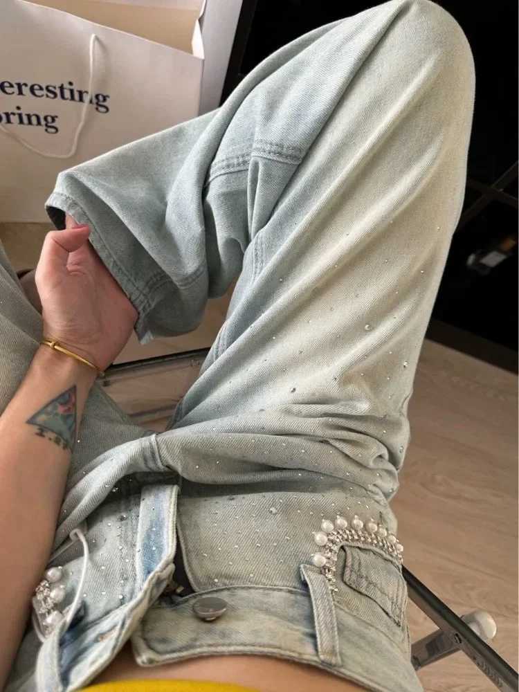 Neploe Heavy Diamond Washed Loose Jeans for Women Y2k High Waist Blue Denim Pants 2025 Summer New Straight Wide Leg Pants R250716