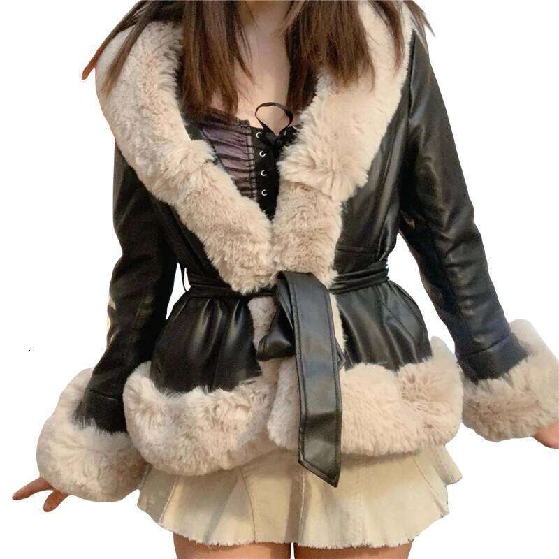 Lamuusaa Jacket Women Y2k Clothing Artificial Fur Collar V Neck Long Sleeve PU Leather Coat With Belt 2000S Clothes Outerwear