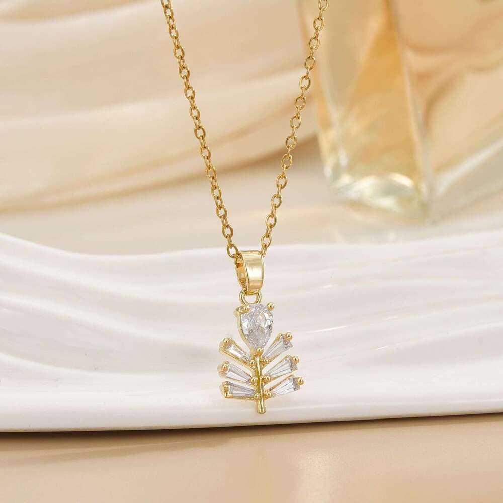 Copper Gold-Plated Ladder Square Water Drop Earrings Necklace Versatile Full Dia Leaf Pendant Set Jewelry 869