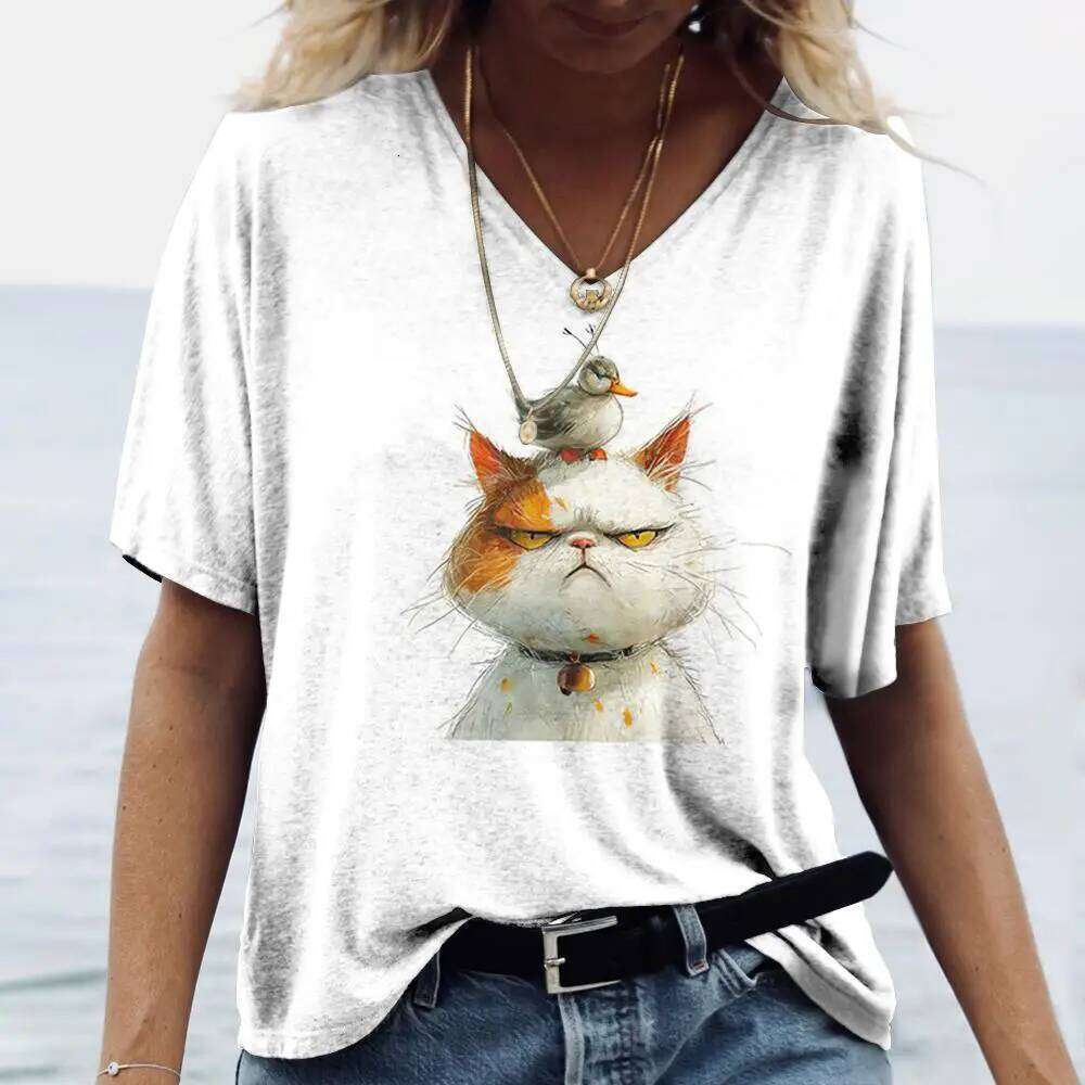 Women's T Shirt For Summer Animal Print Casual Short Sleeve Rabbit T-Shirts Female V-Neck Oversized Clothing Fashion Pullover