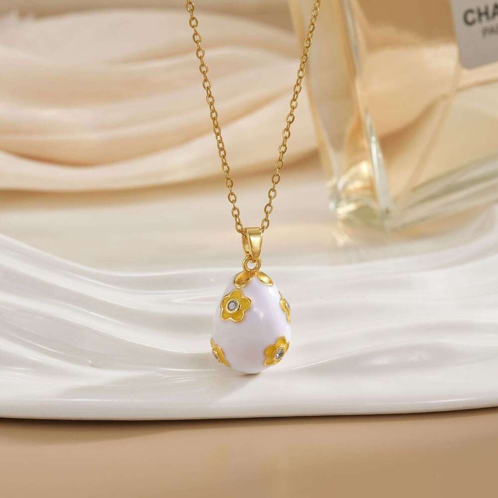 Geometric Oil Drop Egg Inlaid Zircon Necklace For Women Copper Gold-Plated Pendant Clavicle Chain Accessory 648