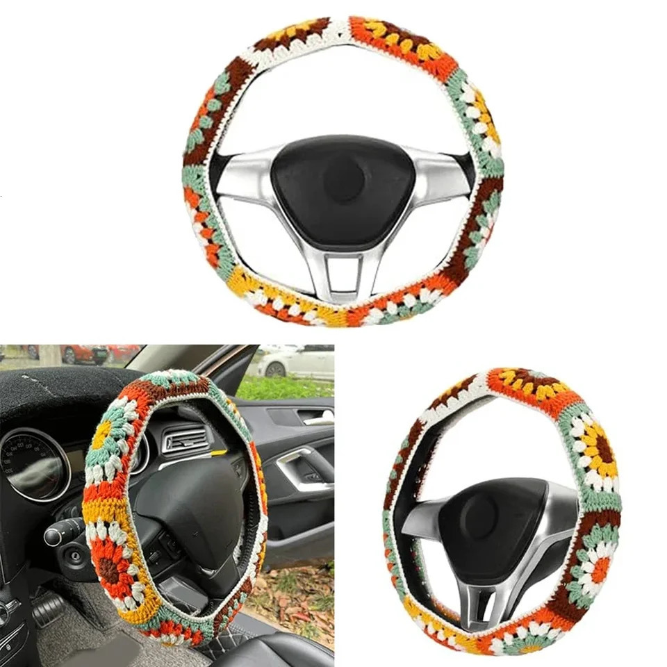 14-15 Inch Crochet Sunflower Steering Wheel Cover Set Knitted Sunflower Orange Brown Small Flower Style Steering Wheel Cover 250715