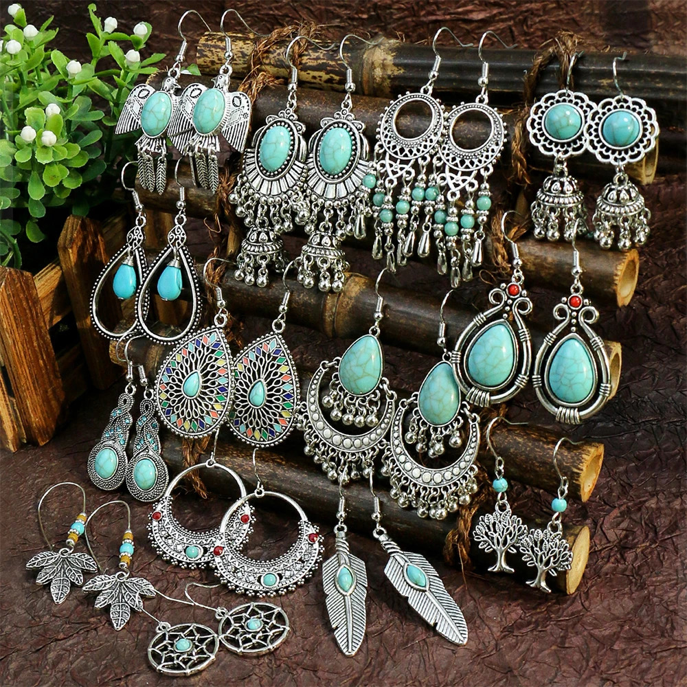 Ancient Silver Ethnic Style Earrings Turquoise Inlaid Beads Bell Leaves Birds Embellishment Personalized Accessories Gift Party 250716