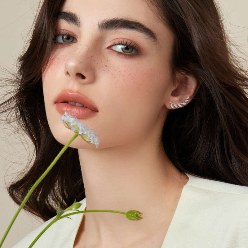 Korean Style Dongdaemun Unique Pure Sier D Color Moissanite Niche Leaf Earrings High-End Feel F29