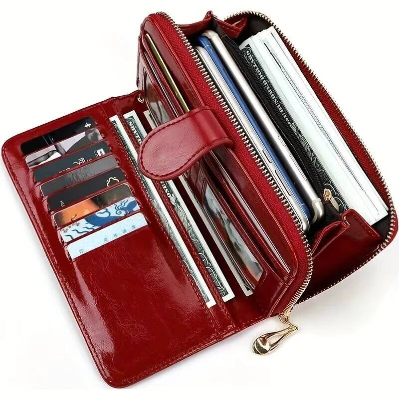 Womens Vintage Oil Wax PU Leather Clutch Wallet Female Large Capacity Phone Purse Ladies Wristband Simple Card Holder Pouch Bag ddmynov
