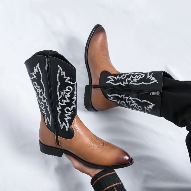 Retro Fashion Men Boots Head Snake Skin Patent Leather Winter Shoes Embroidered Western Cowboy Boots Footwear Plus Size 250715