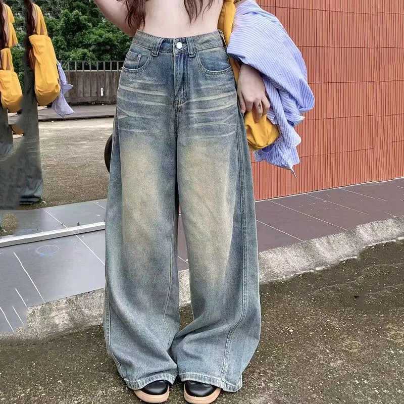 Spring Summer Vintage Chicly Button Jeans Women American Simple Baggy High Waisted Denim Pants Washed Y2K Wide Leg Jeans Trousers R250716