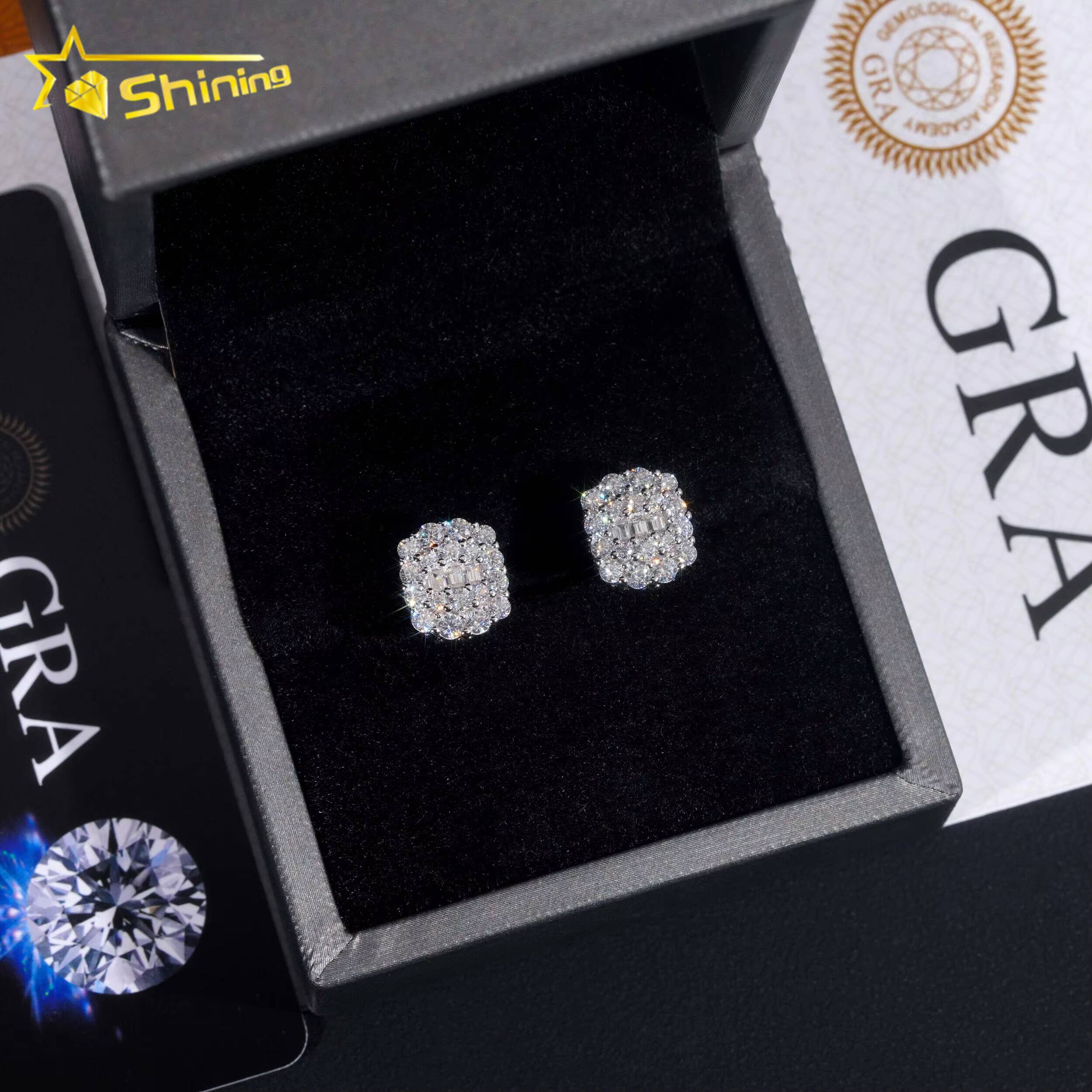 Promotion Price Pass Diamond Tester GRA Certified Fully Iced Out Hip Hop 925 Silver Jewelry Baguette Moissanite Stud Earrings