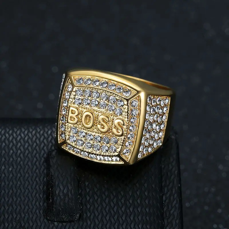 Hip Hop Bling Iced Out Stainless Steel BOSS Finger Rings for Men Rapper Jewelry Gold Silver Color Drop 250716