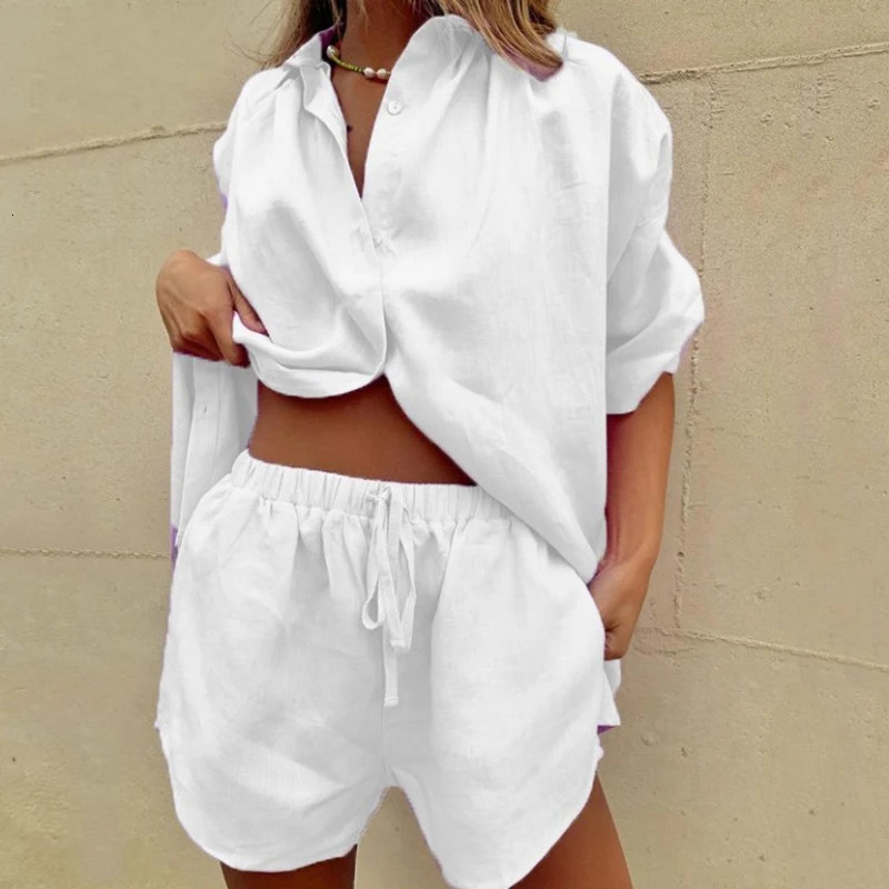Fashion Solid Shirt Home Suits Casual Short Sleeve Tops Drawstring Shorts Two Piece Set 2024 Summer Women Button Loose Outfit 250714