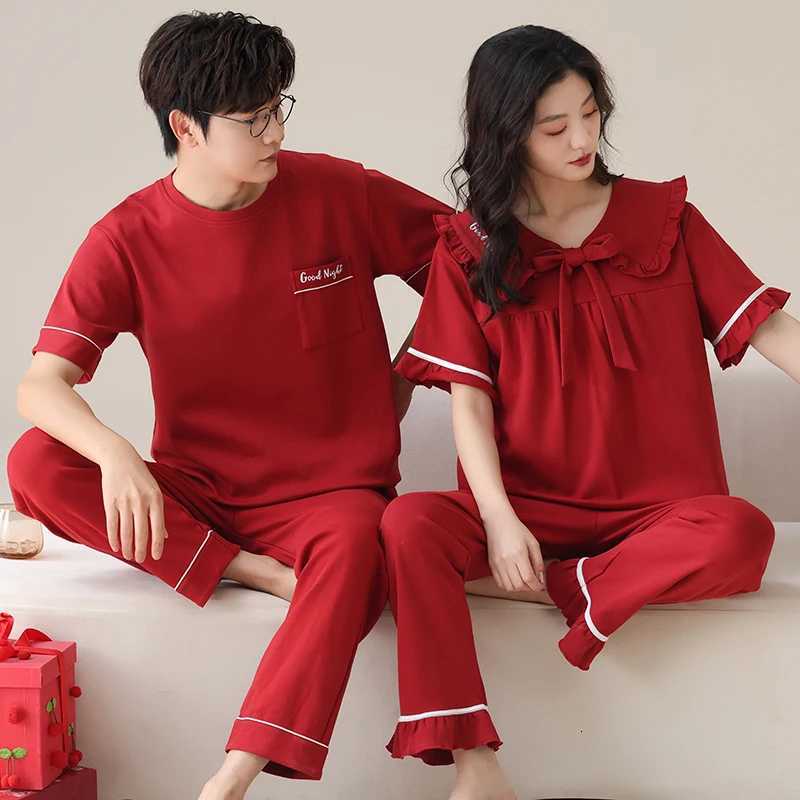 100% Cotton Fashion Women Short Sleeve Long Pants Sleepwear Set Couples Festive Red Color Pajamas Summer Home Lounge Gift W250717