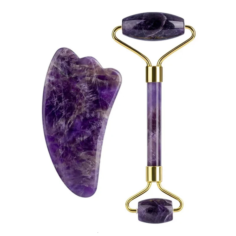 Natural Stone Amethyst Jade Roller Gua Sha Massager For - Acupuncture Beauty Skin Care Gouache Scraper Set 250716