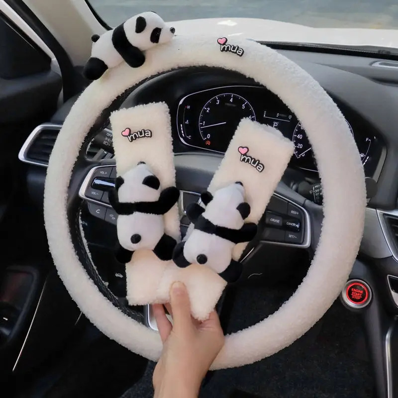 Winter Warm Soft Plush Cartoon Panda Car Interior Accessories Car Steering Wheel Cover Handle Cover 250715