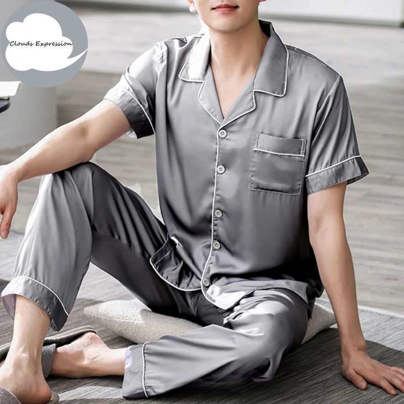 4XL Blue Loungewear Pajamas Imitate Silk Mens Pajama Sets Satin Pajamas Male Sleepwear Pajamas Nightwear Homewear Fashion W250717