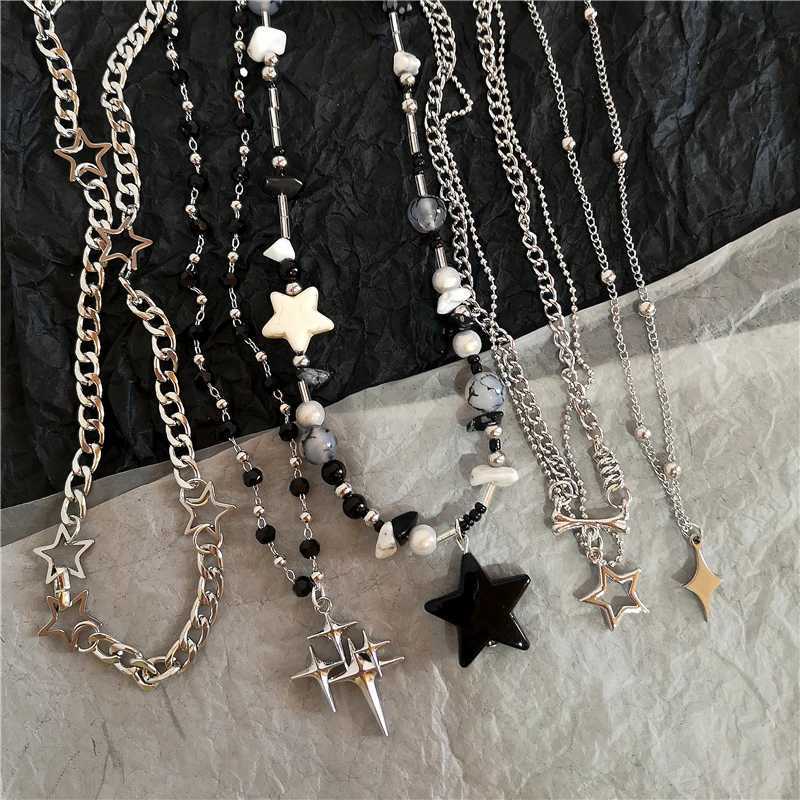 Kpop Goth Vintage Cool Y2K Star Pendant Beaded Silver Color Chain Necklace For Women Men Aesthetic Grunge Emo Jewelry Accessory XJ250717