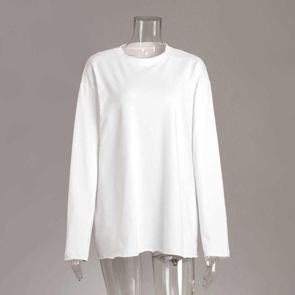 100% Cotton T-Shirt For Women Spring New Loose Solid Color Oversize Round Neck Long Sleeve Tee B5