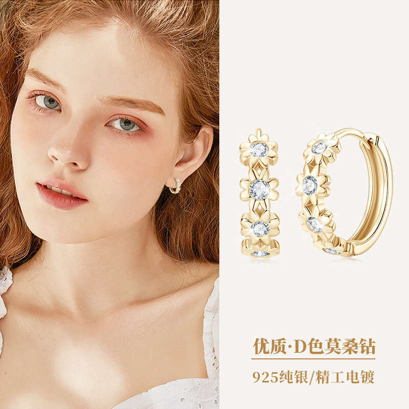 Same Style Cute Daisy Flower Moissanite Hoop Rose Gold Sweet Cool Fresh Atmosphere Sier Earrings 103