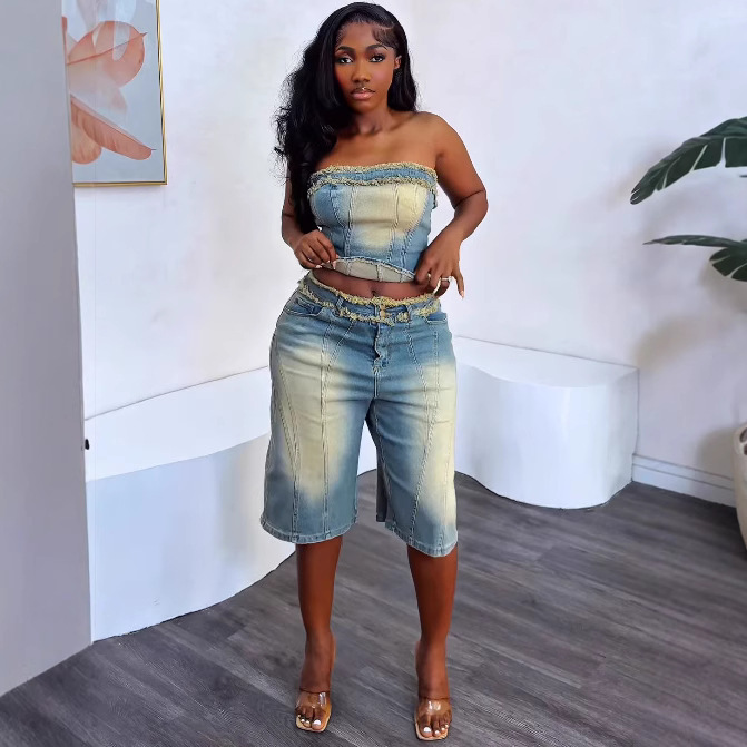 Womens Denim Pants Set Fashion Frayed Edge Tube Top High Waist Denim Shorts