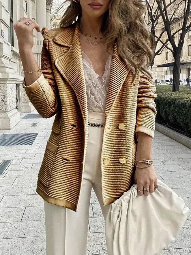 Women Double Breasted Button Solid Color Autumn Winter Blazer Jacket Fashion Casual Long Sleeve Coat Cardigan 250715
