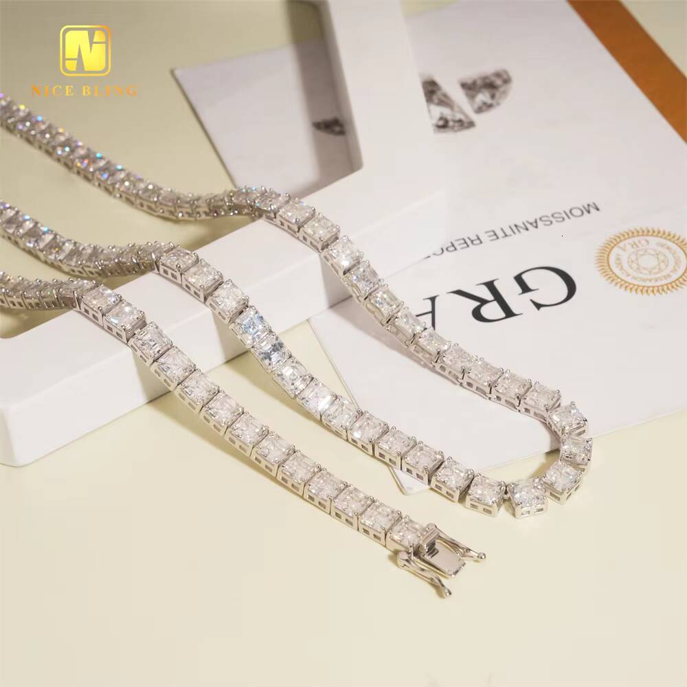 New Fancy Cut Asscher Cut 5.5MM Tennis Chain 925 Sterling Silver Pass Diamond Tester GRA Certificate Moissanite Tennis Bracelet