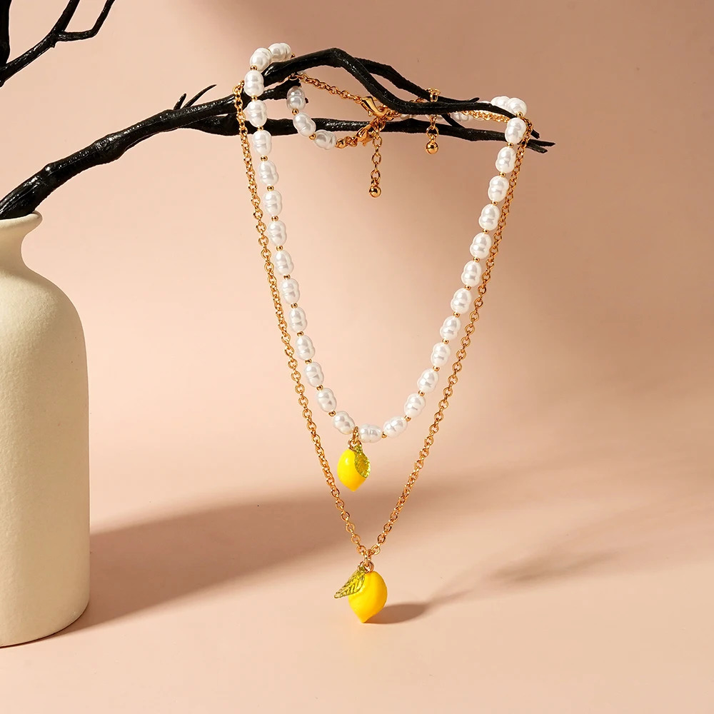Y2K Colorful Lemon Charm Pearl Necklaces For Women Summer Pastoral Beaded Cute Funny Creative Jewelry 250715