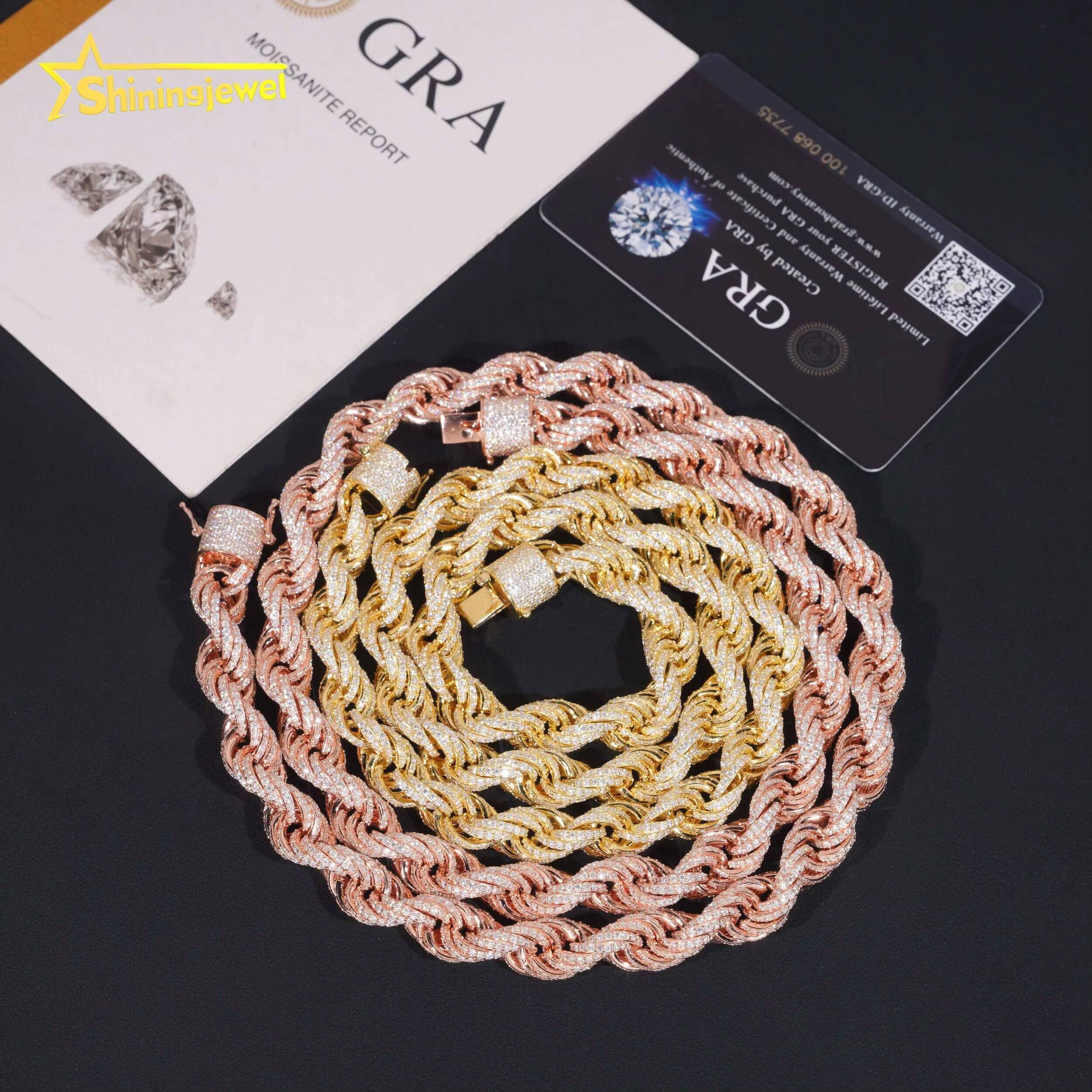 Iced Out Rope Chain Moissanite Cuban Link Chain S925 Gold Plated Pass Diamond Test VVS Moissanite Diamond Iced Chain