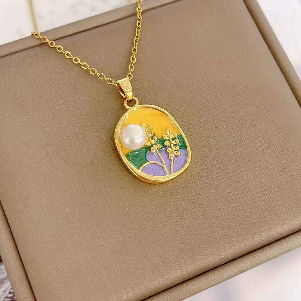 Oil Painting Style Color-Block Three-Dimensional Inlaid Necklace Fashion Design New Chinese Light Enamel Glaze Flower Collarbone Chain B97