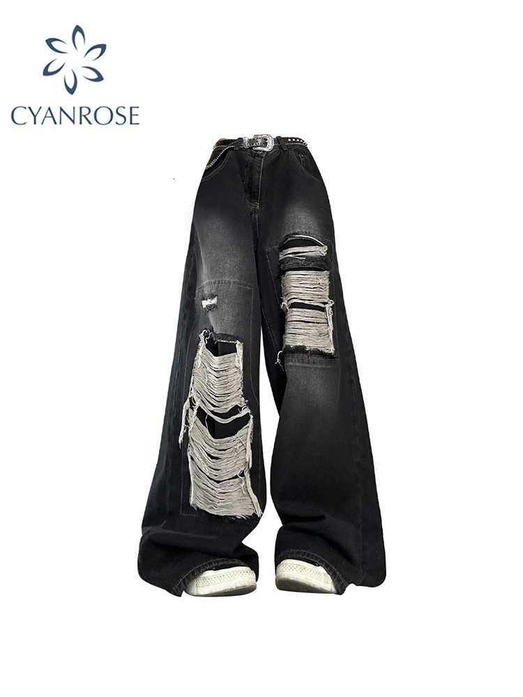 Womens Gothic Black Jeans High Waist Vintage Korean Fashion Y2k Streetwear Ripped Pants Harajuku Casual Wide Leg Denim Trousers R250716