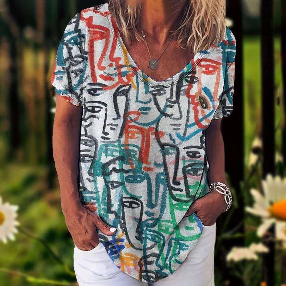 New Abstract 3D Painting Vintage Elegant Women's T-Shirts Short Sleeve Fashion Trend Tee Casual Style Lady's Clothing