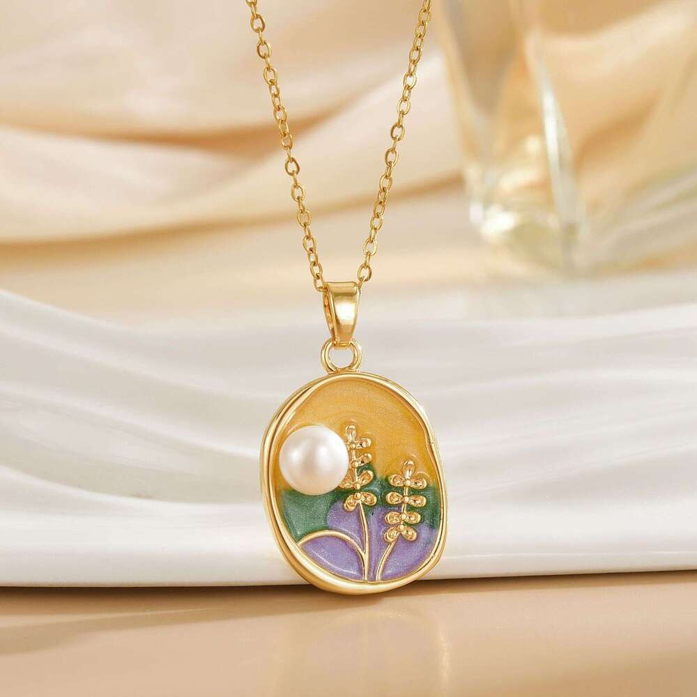 Oil Painting Style Color-Block Three-Dimensional Inlaid Necklace Fashion Design New Chinese Light Enamel Glaze Flower Collarbone Chain B97