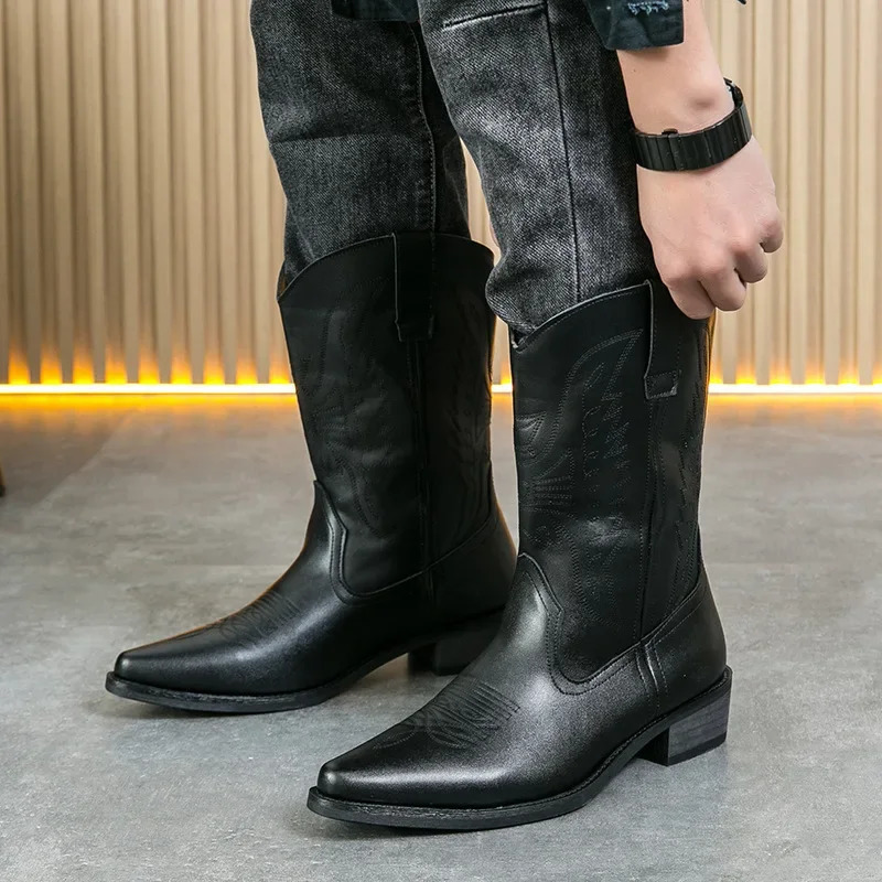 Western Embroidered Leather Boots Spring Autumn Mens Mid-Calf Slip-On Cowboy Boots Anti-Slip Wood Base Knight Point Toe 250715