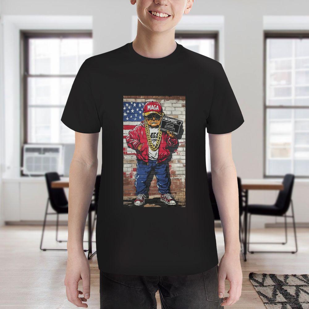 ddmywed Boy and girl Children's T-shirt T-shirt with image a rapper in front of an american flag